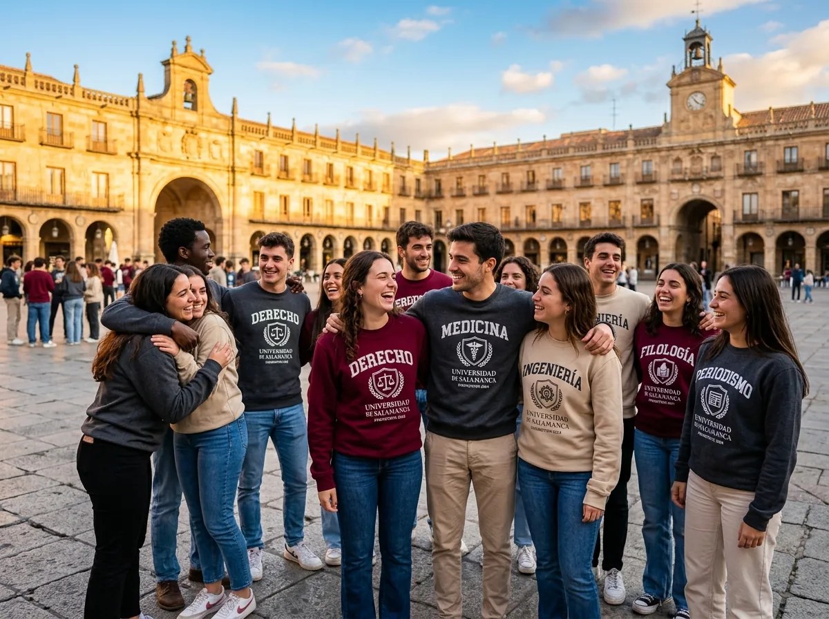 Estudiantes universitarios con sudaderas de promoción